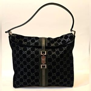 Gucci Jackie Black GG Suede Flap Shoulder Bag